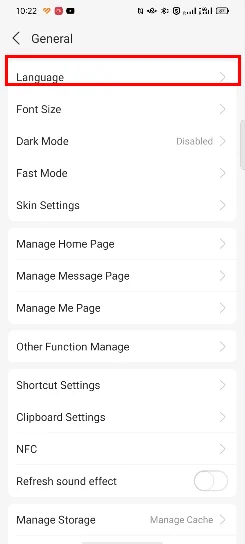 General画面 →「Language」をタップ