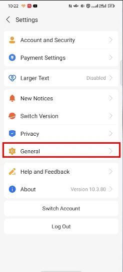 Settings画面 →「General」をタップ