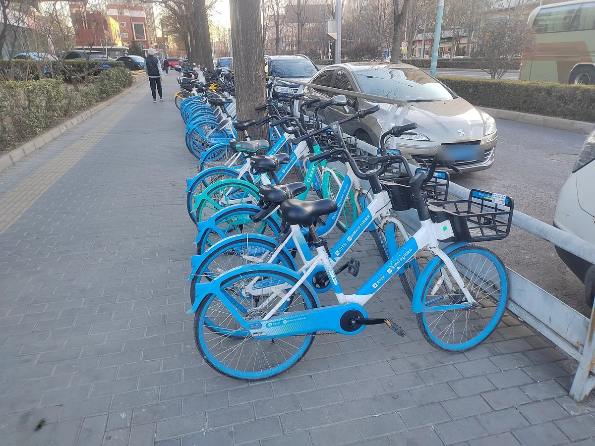 街の歩道に並ぶ支付宝(Alipay)ロゴ入りの青いシェア自転車。QRコードをスキャンするだけで借りられる